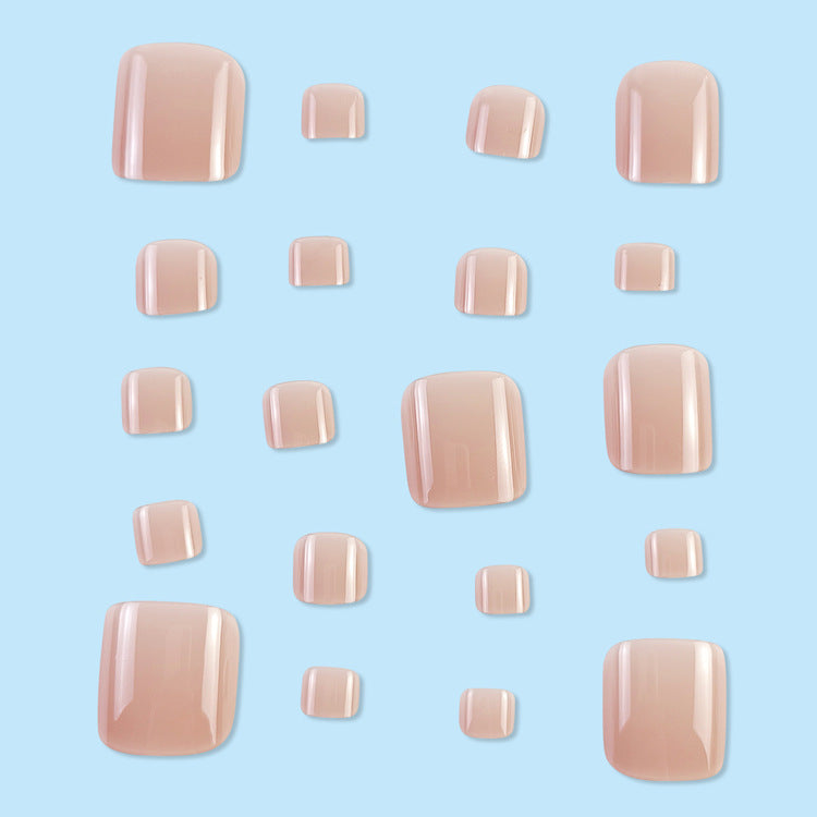 Nude Pink Toe Press-On Nails Short Square Glossy Natural Reusable Glue On Fake Toenails Set 41