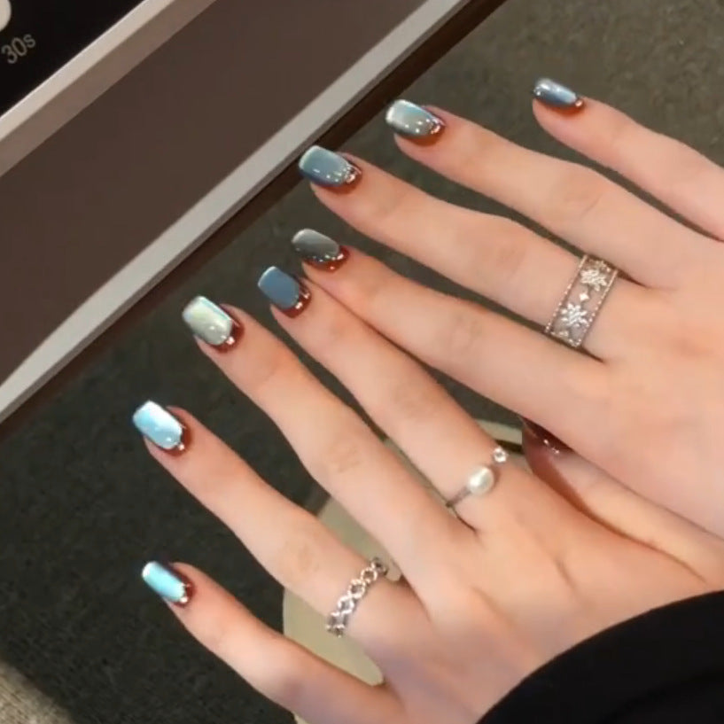 Blue Cat Eye Press-On Nails – Icy Blue Squoval Nails with Caramel Brown French Tip & Rhine 287