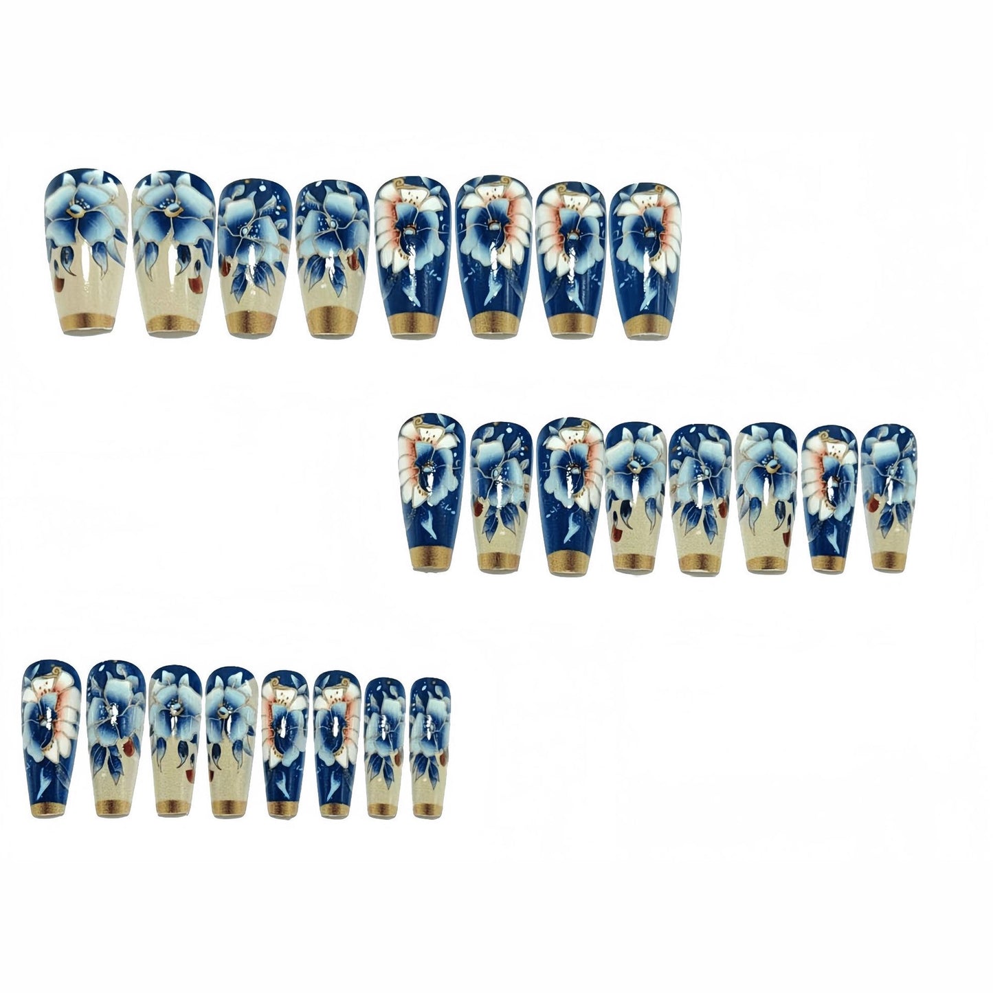 Blue Porcelain Press-On Nails Squoval Shape Chinese Floral Reusable Glue On Fake Nails Elegant Set 30