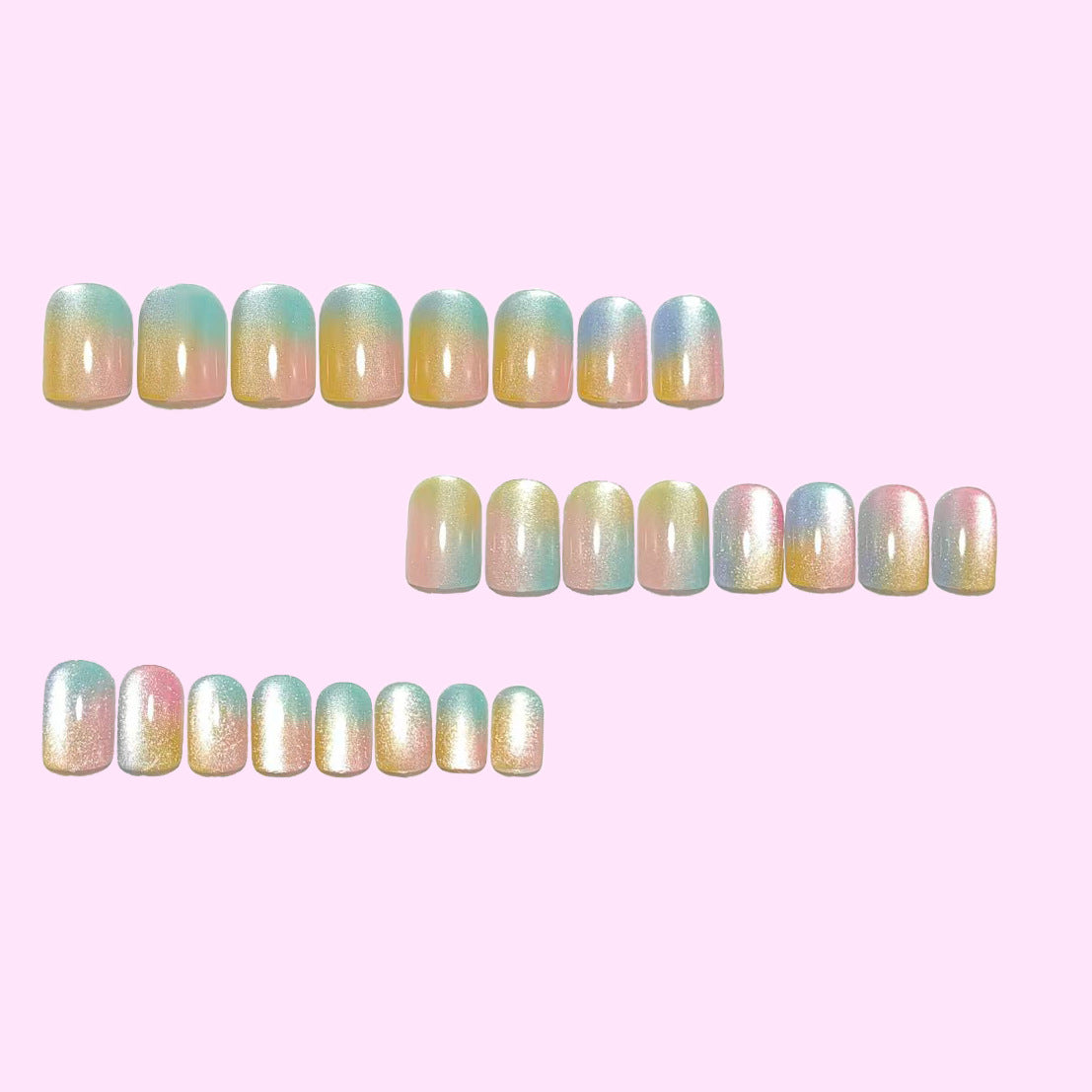 Pastel Cat Eye Press On Nails Short Square Aurora Gradient Blue Pink Yellow Glossy Glue On Nails Reusable Cute Set 48