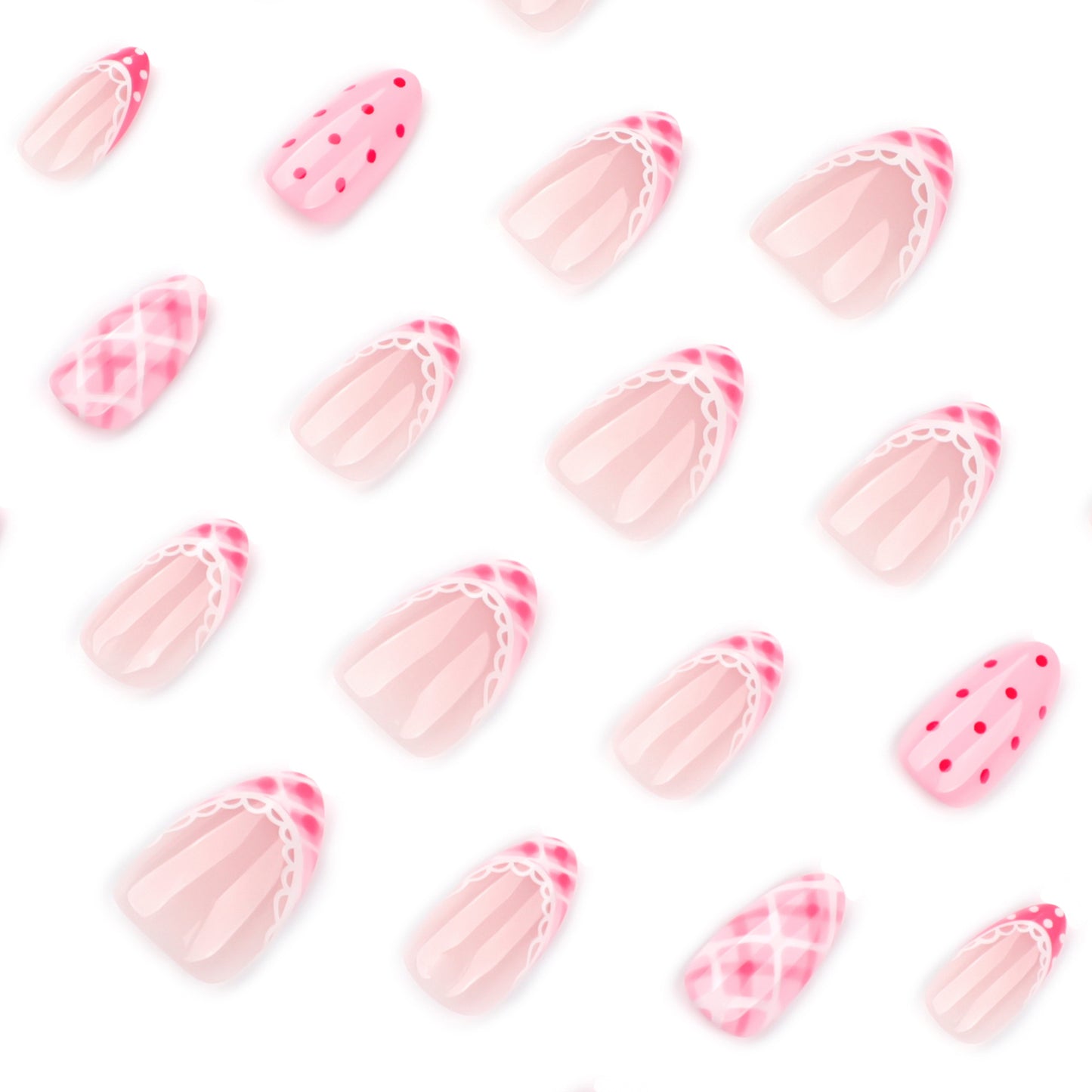 Nude Pink Press On Nails with Lace French Tip Polka Dot Argyle Design Glossy Almond Shape Cute Sweet Style Full Cover False Nails Kit Reusable 127