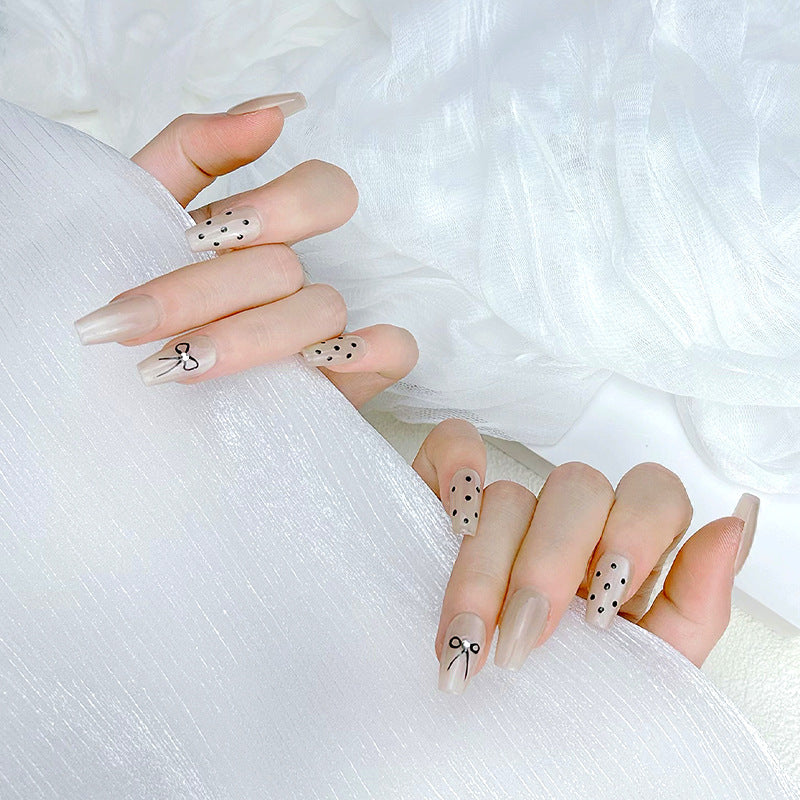 Milky White Cat Eye Reusable Press On Nails – Coffin Shape Bow Rhinestone Glossy Acrylic Nails 138