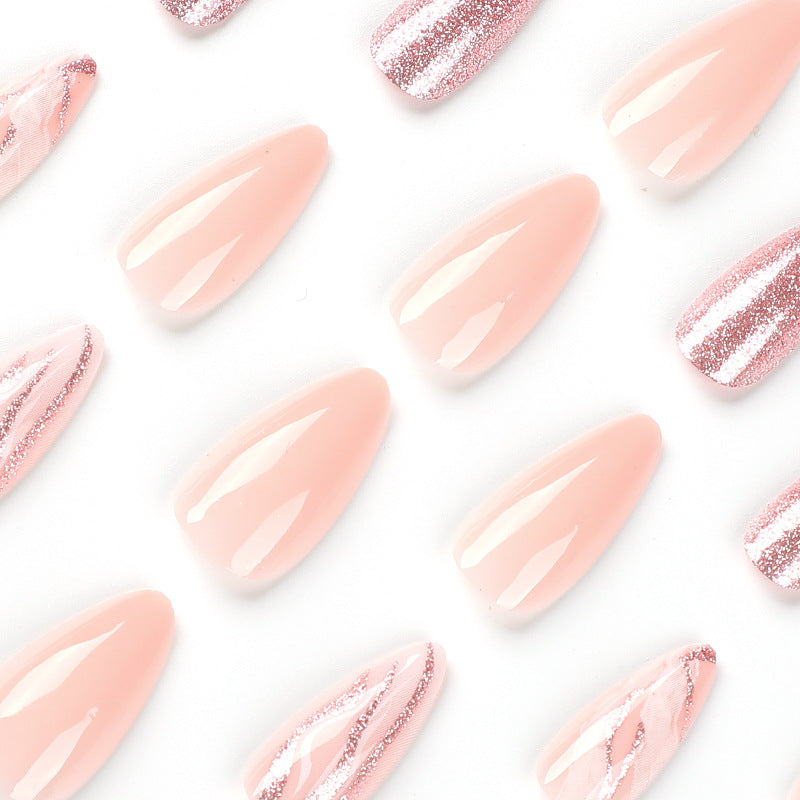 Press On Nails Nude Pink Glitter Wave Glossy Fake Nails Elegant Minimal Shiny Nails Luxury Natural Look Reusable Full Cover Stick On Nails for Women Daily Office Wedding 84