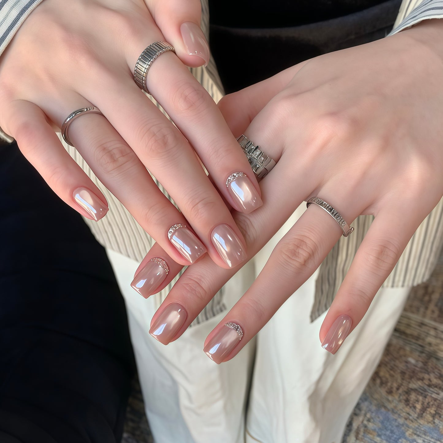 Nude Pink Aurora Press-On Nails – Diamond French Short Square Nails | Minimal Luxury Reusable Nail Set 275