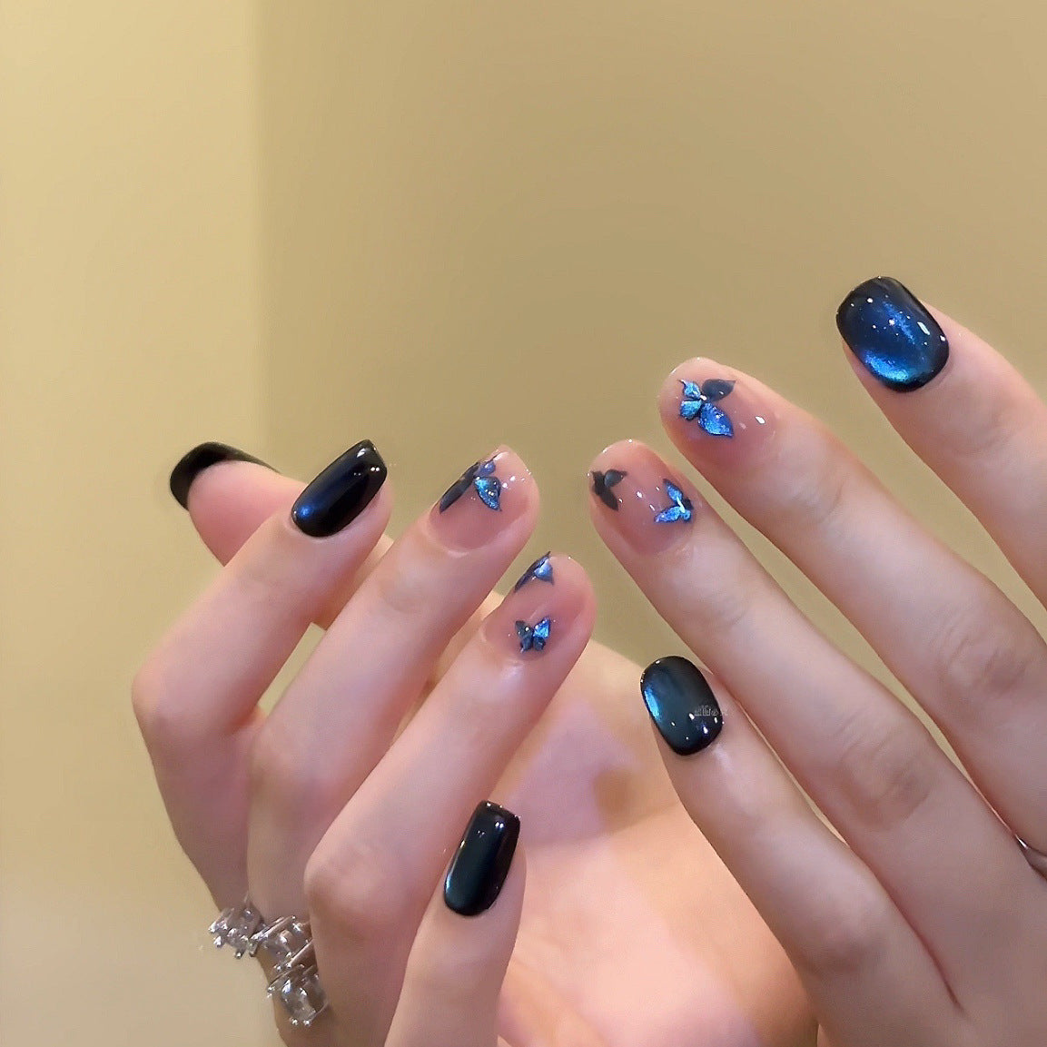 Deep Blue Cat Eye Press On Nails Short Squoval – Hand Painted Butterfly Galaxy Starry Night Reusable Press On Nails Set 203