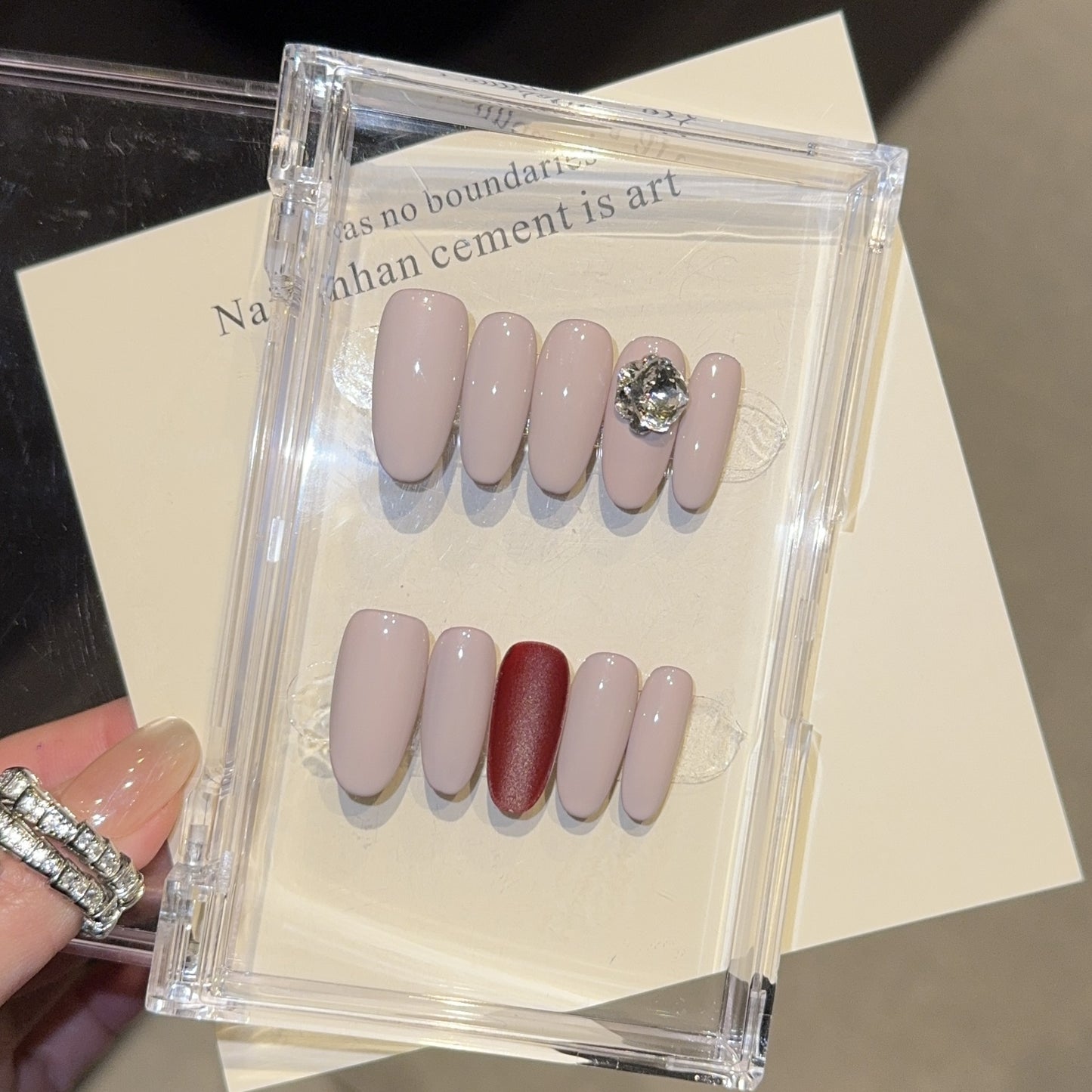 Nude Beige Press On Nails – Almond Shape with Wine Red Accent & Diamond Glitter, Minimalist Luxury Reusable Full Cover Nails 162