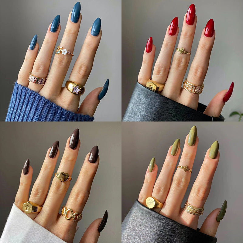 Press On Nails Multi Color Set Glossy Fake Nails Medium Length Reusable Glue On Nails Red Blue Brown Green Nail Set 61