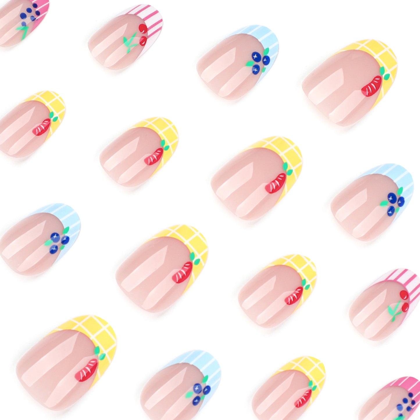 Nude Pink Lemon Press On Nails Floral French Tip Blue Flower Summer Oval Shape Glossy Cute Fake Nails Reusable Full Cover Natural Fresh Nail Kit 125