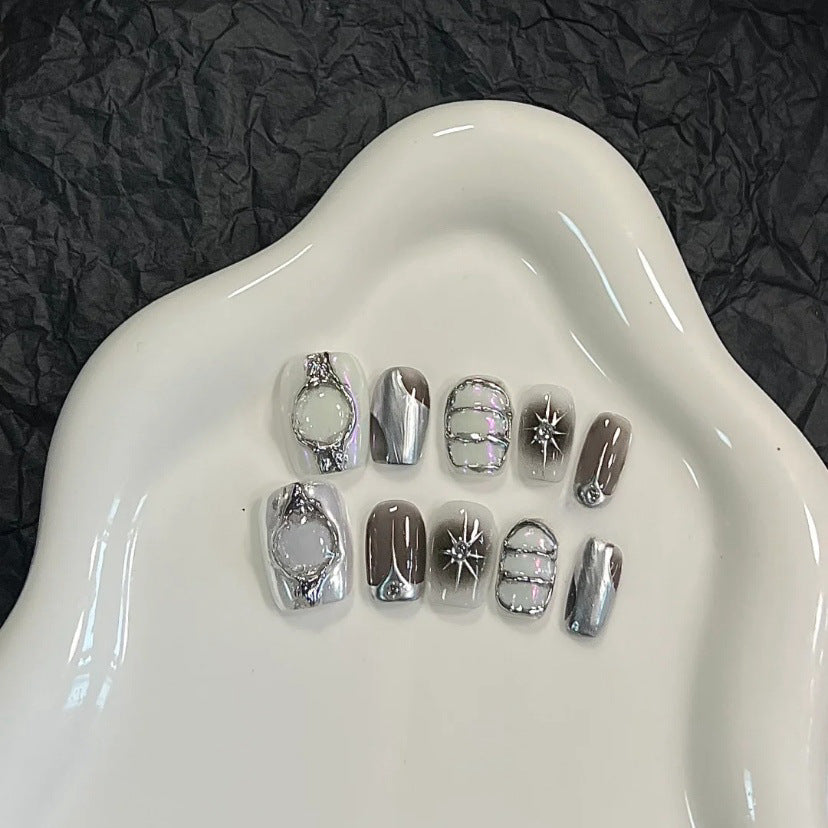 Silver Frame Press On Nails Short Squoval – 3D Metal Borders Starburst Charms Rhinestone Y2K Futuristic Reusable Nail Set 221