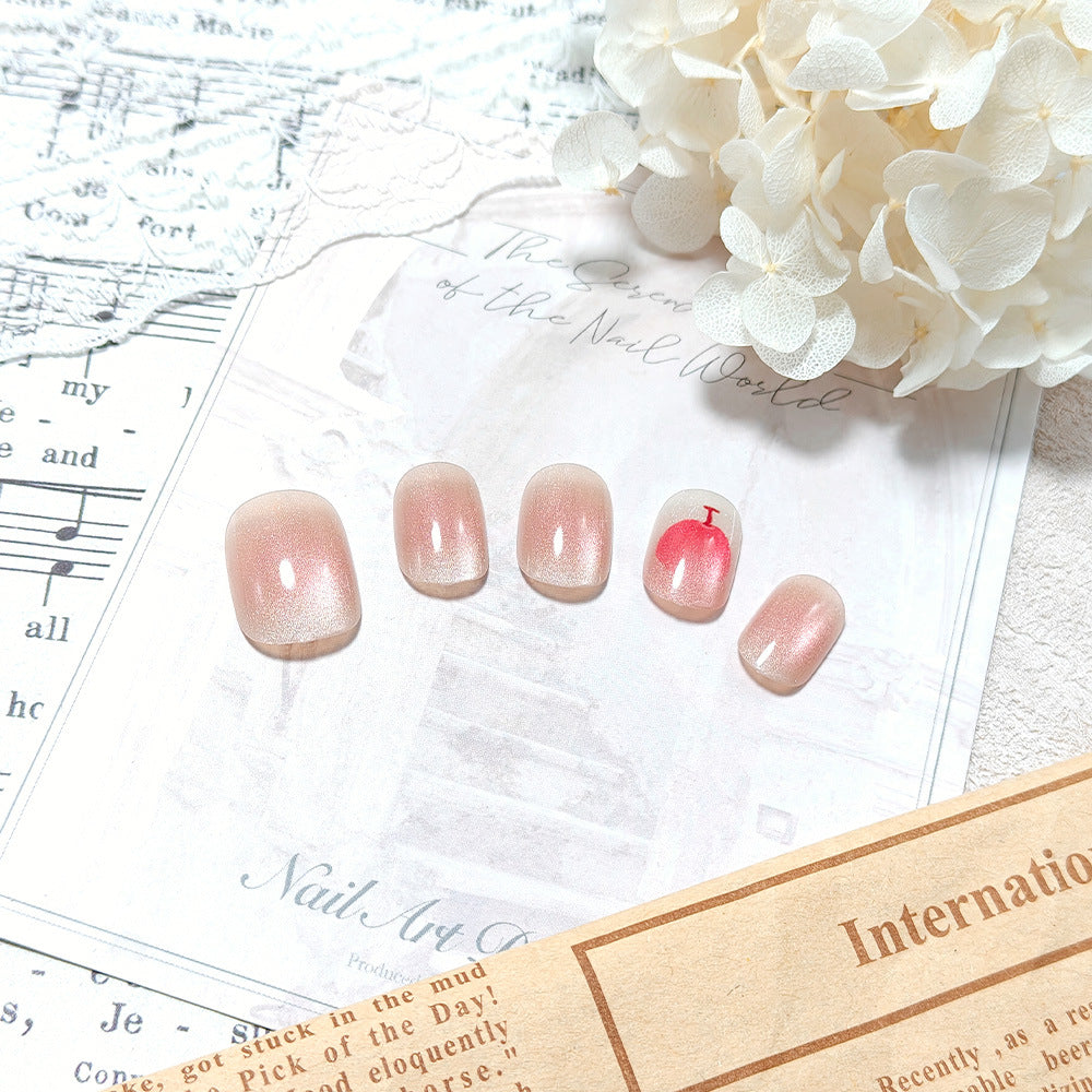 Nude Pink Cat Eye Press On Nails – Short Square Cherry Design Glossy Acrylic Nails 52