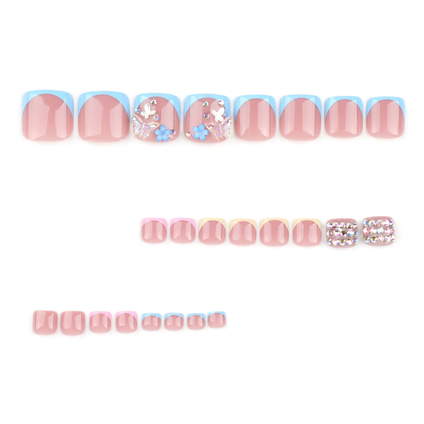 Colorful French Tip Press On Toenails Nude Pink Blue Yellow Short Squoval Glossy 3D Butterfly Flower Rhinestone Full Cover Fake Toenails Reusable Pedicure Nails Kit 149