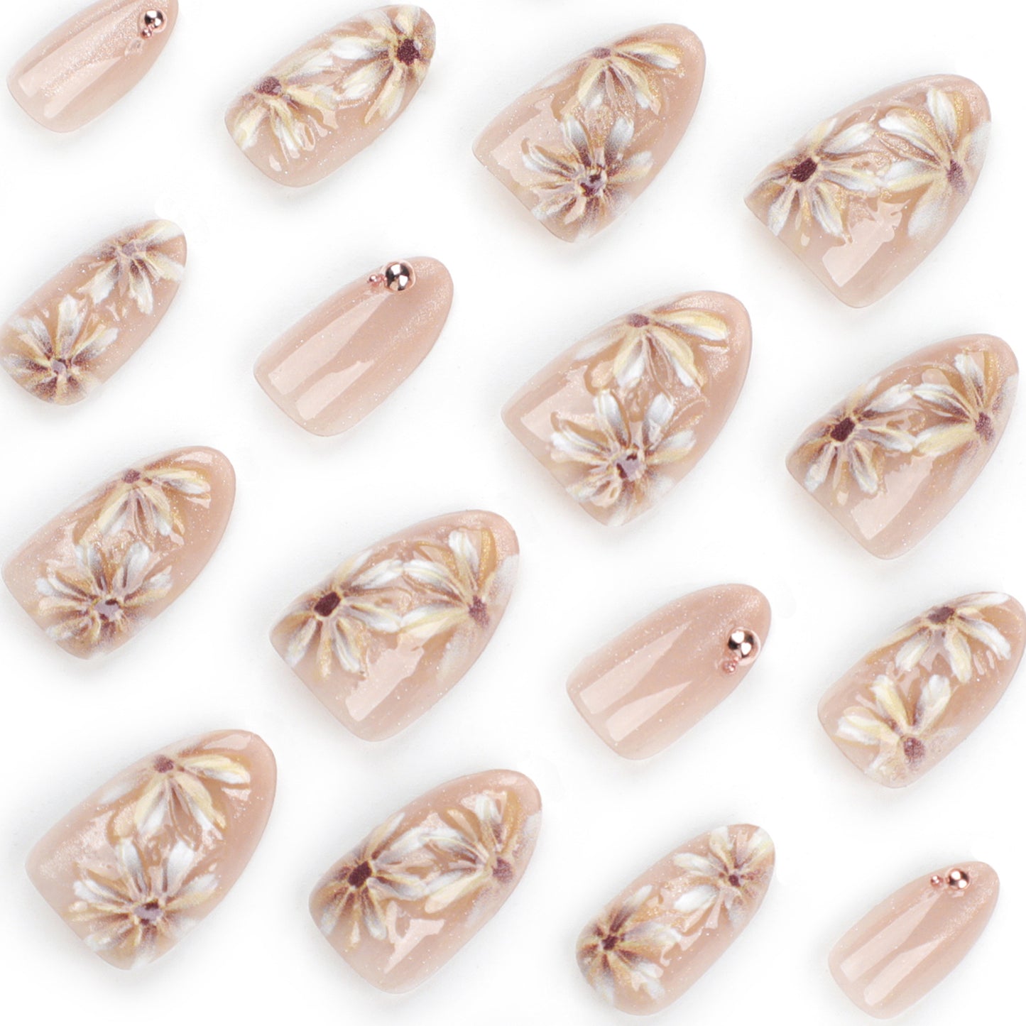 Daisy Press On Nails Nude Pink Glitter Almond Medium Short Glossy Floral Design Rose Gold Beads Full Cover Fake Nails Natural Look Reusable Acrylic Nails Kit 148