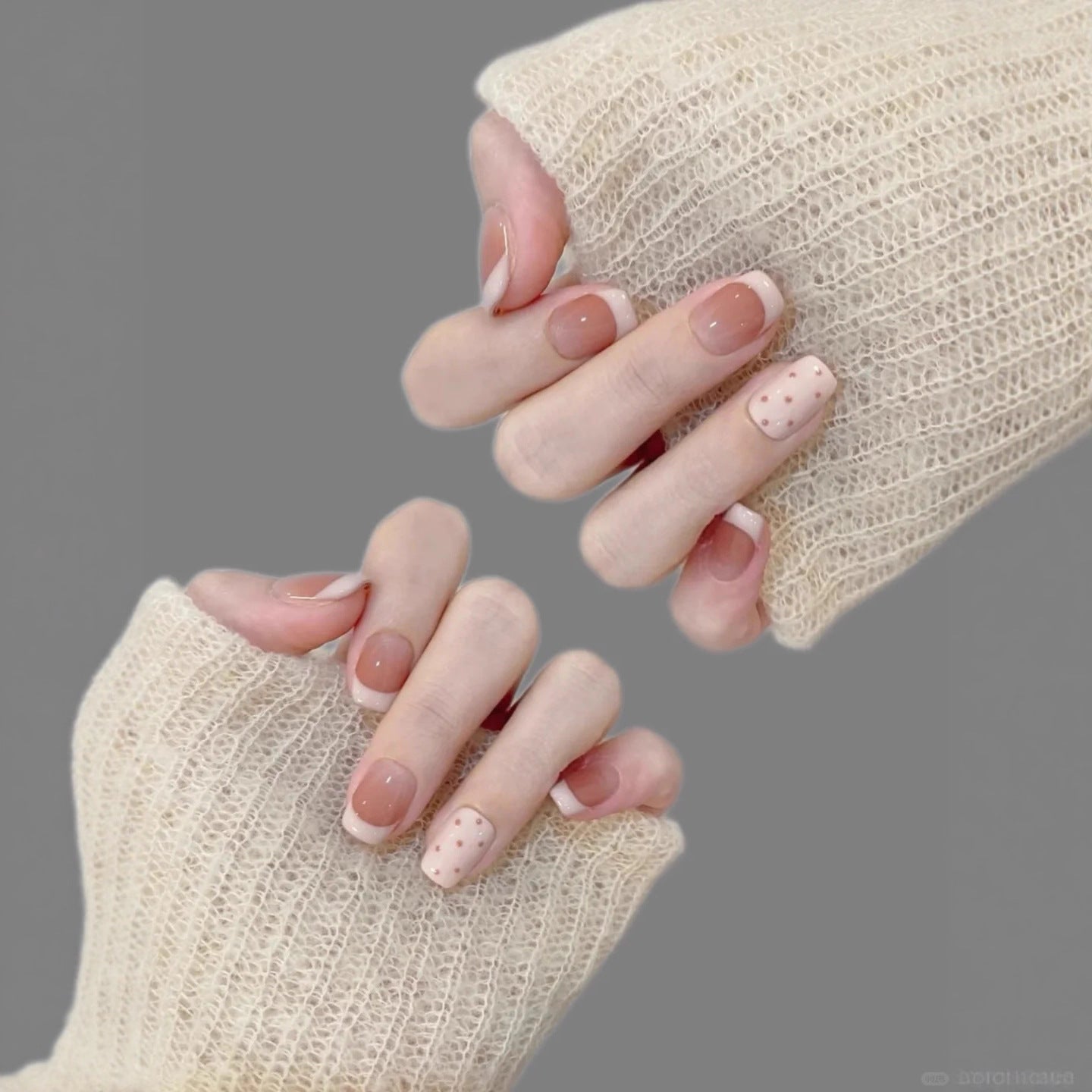 Nude French Tip Press On Nails – Short Squoval Glass Nails with Blue & White French Tips and Polka Dot Details 191