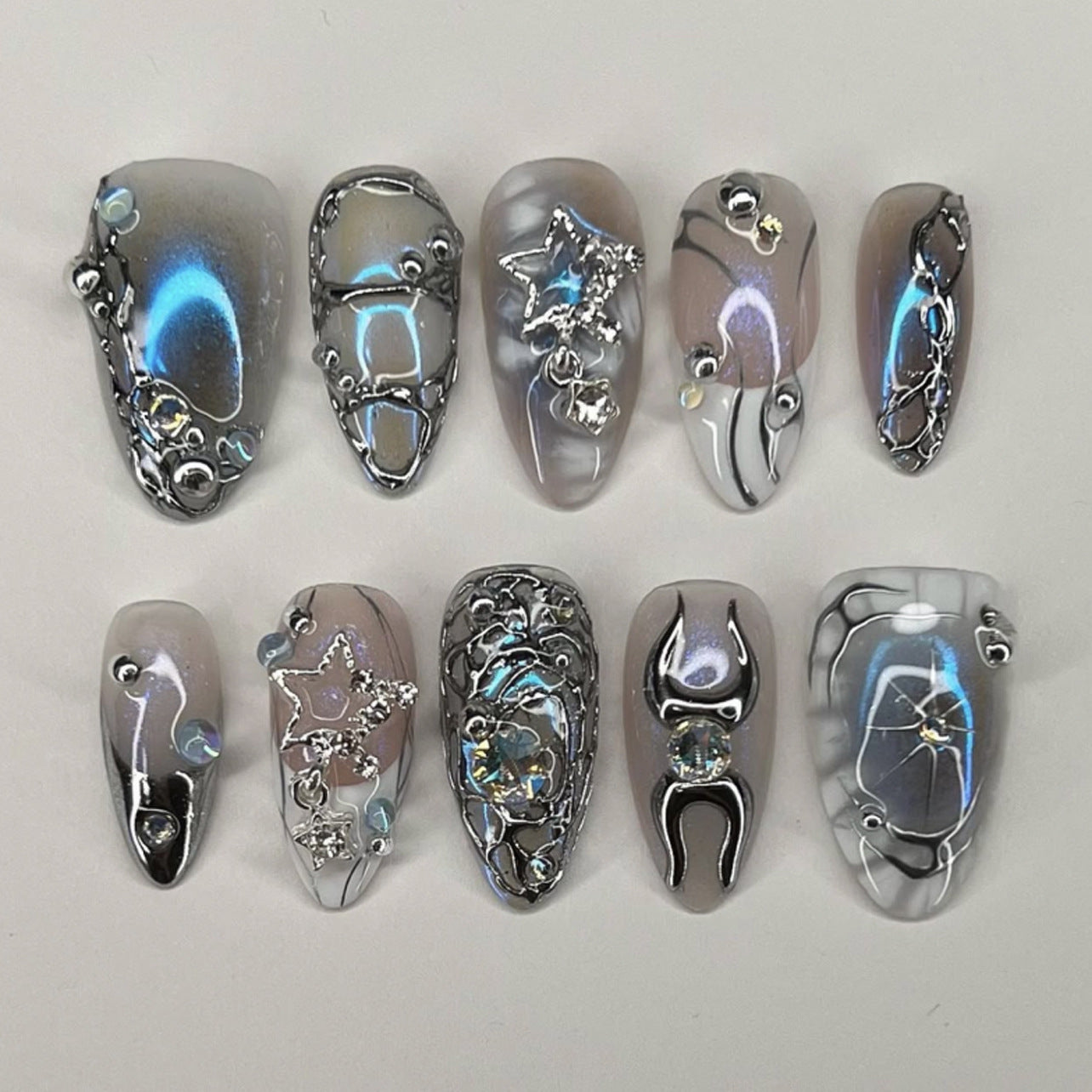 Press On Nails Blue Cat Eye Chrome Star Moon Y2K Nails Silver Chain Rhinestone Pearl Long Almond Glossy Fake Nails Reusable Edgy Aesthetic Cyber Nails for Women Party Festival 76