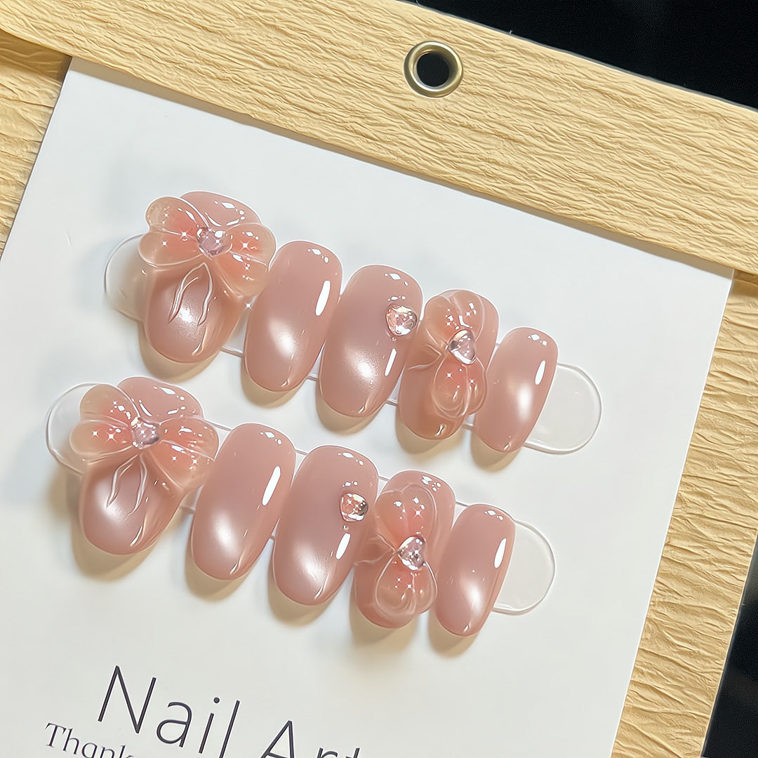 Nude Peach Press On Nails – Round with Cat Eye, 3D Flower Heart & Rhinestone Design Reusable Full Cover Set 171