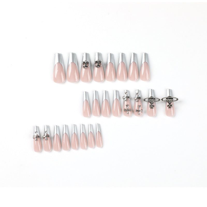 Nude Pink Press On Nails Long Square – Silver French Tip False Nails Cross Metal Reusable Full Cover Set 182