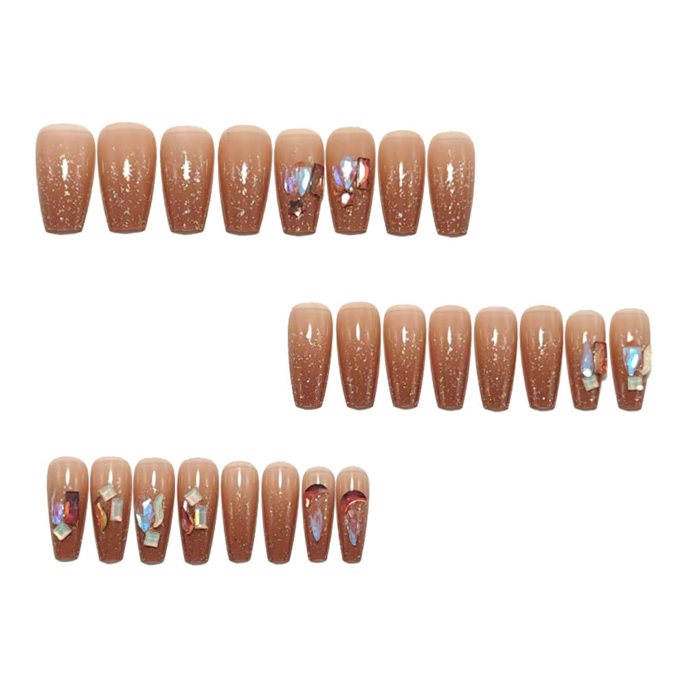 Nude Brown Cat Eye Press On Nails Coffin Shape Glossy Glitter Rhinestone Fake Nails Reusable Glue On Acrylic Nail Set 56