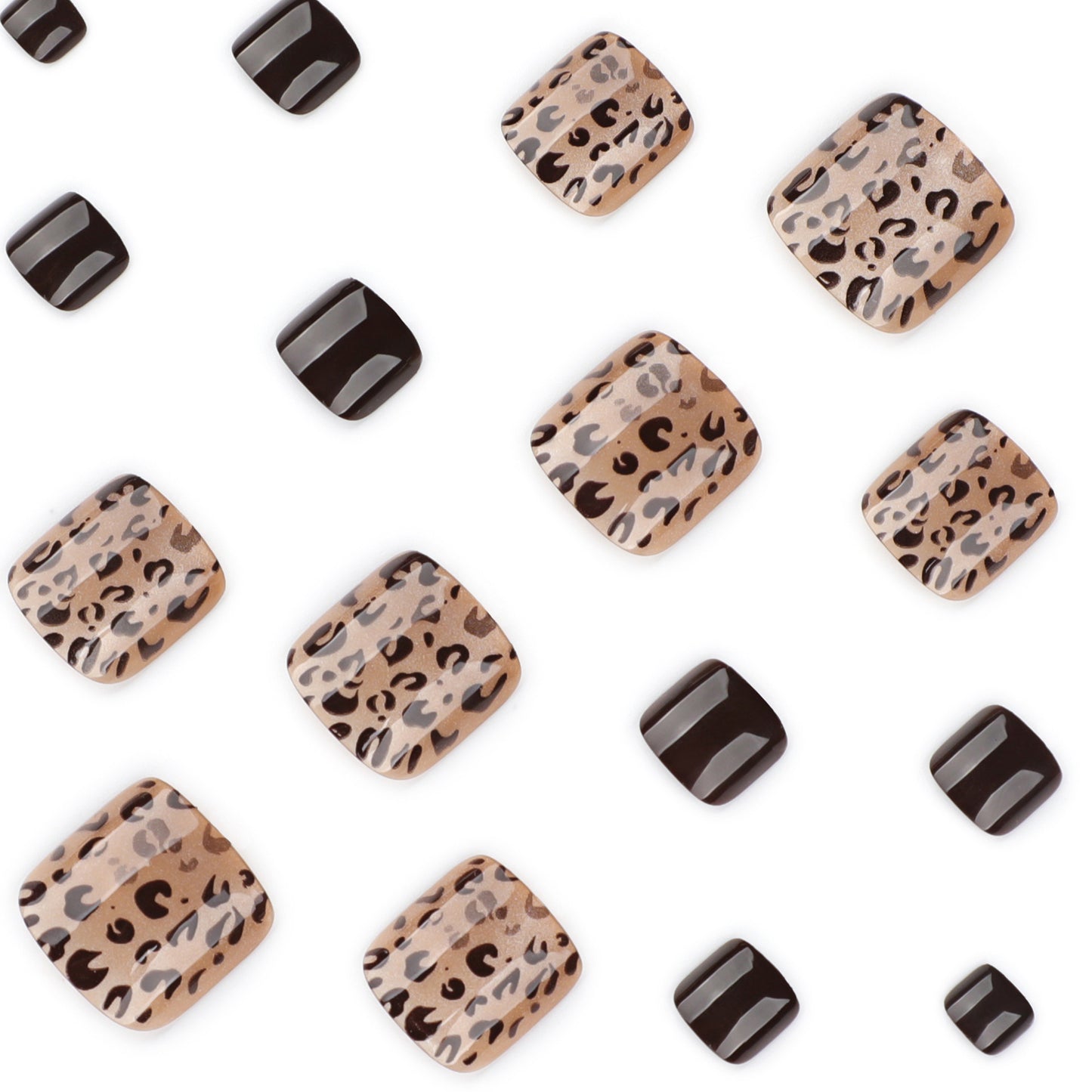 Leopard Print Press On Toenails with Black Glossy Solid Color Nude Gold Base Short Squoval Shape Full Cover False Toe Nails Kit Reusable Pedicure 118