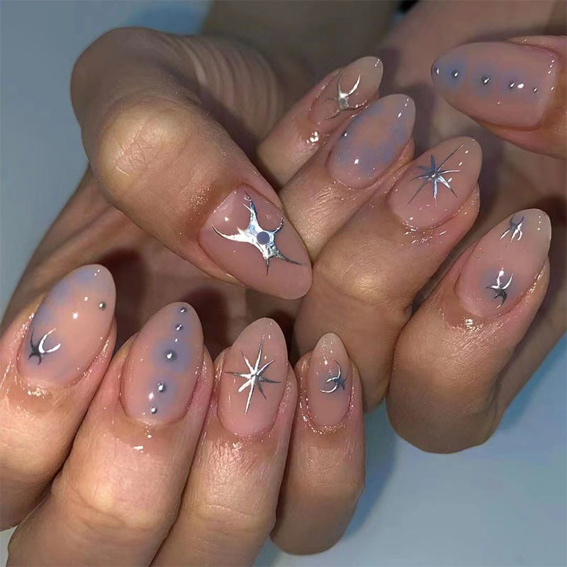 Nude Pink Press On Nails with Silver Star Studs Leopard Print Minimalist Glossy Short Almond Shape Reusable Full Cover False Nails Kit Cute Cool Everyday Natural Look 89