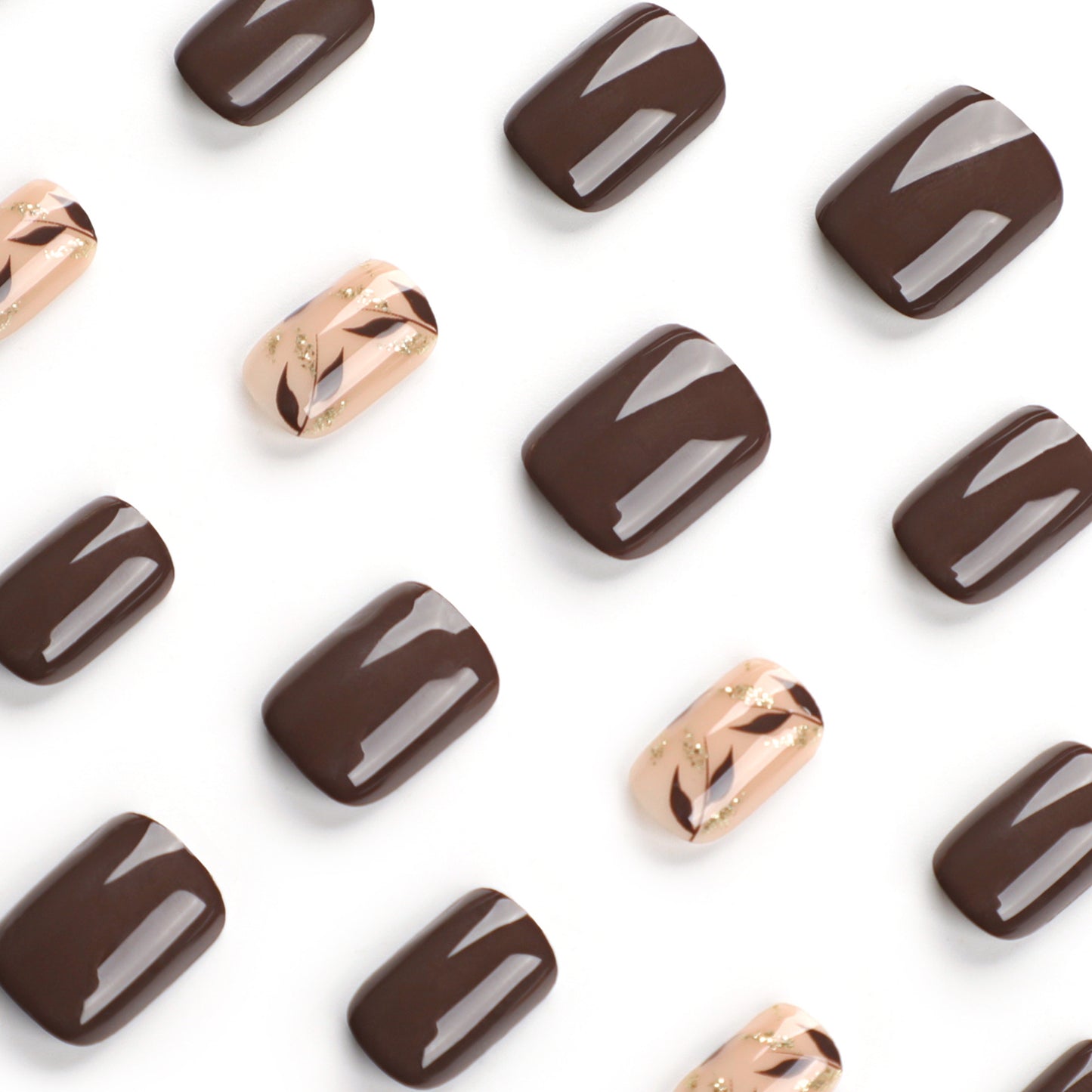 Brown Press On Nails with Leaf Design Nude Accent Glossy Short Squoval Shape Minimal Botanical Style Reusable Full Cover False Nails Kit Elegant Everyday Nails 105