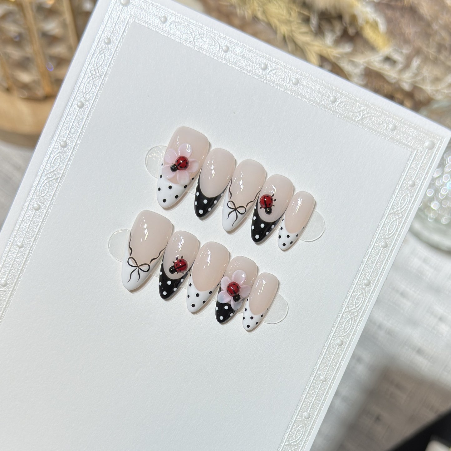 Vintage French Polka Dot Press-On Nails – Black & White French Tip Almond Nails | 3D Ladybug & Bow Coquette Reusable Nail Set 250