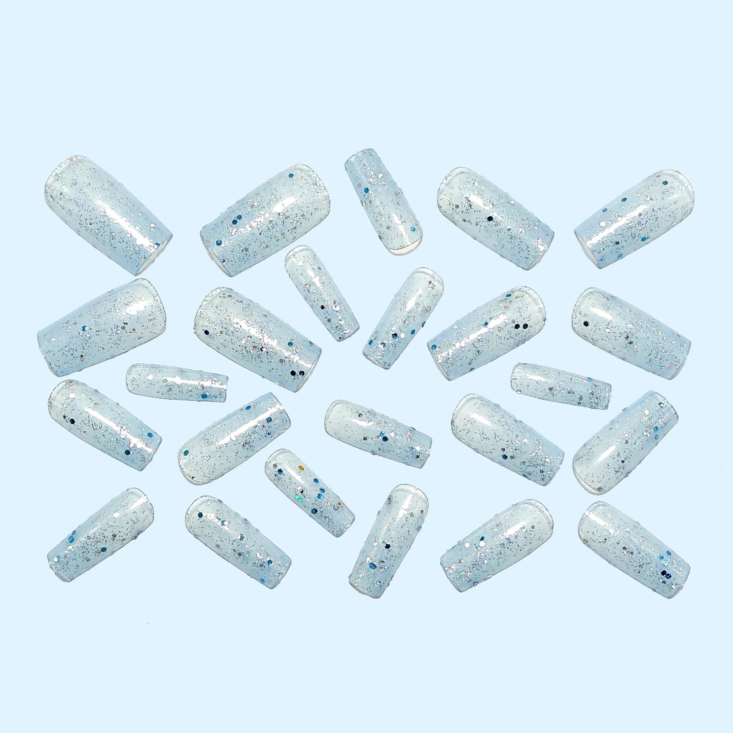 Icy Blue Press-On Nails Almond Shape Glitter Rhinestone Reusable Glue On Fake Nails Long Lasting Set 29