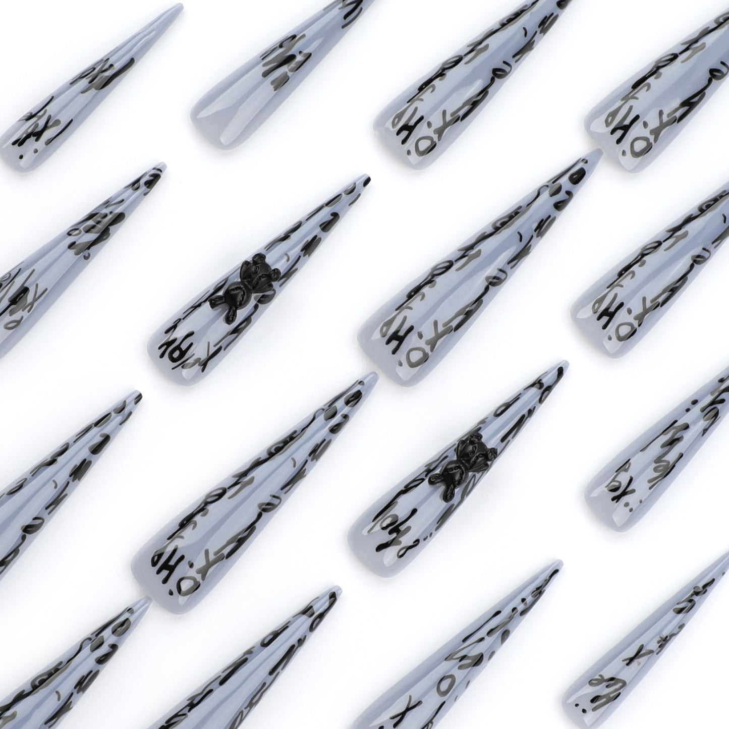 Press On Nails Y2K Graffiti Letter Black Bear Stiletto Long Fake Nails Edgy Street Style Gray Aesthetic Nails 3D Design Reusable Full Cover Stick On Nails for Women Party Festival 80