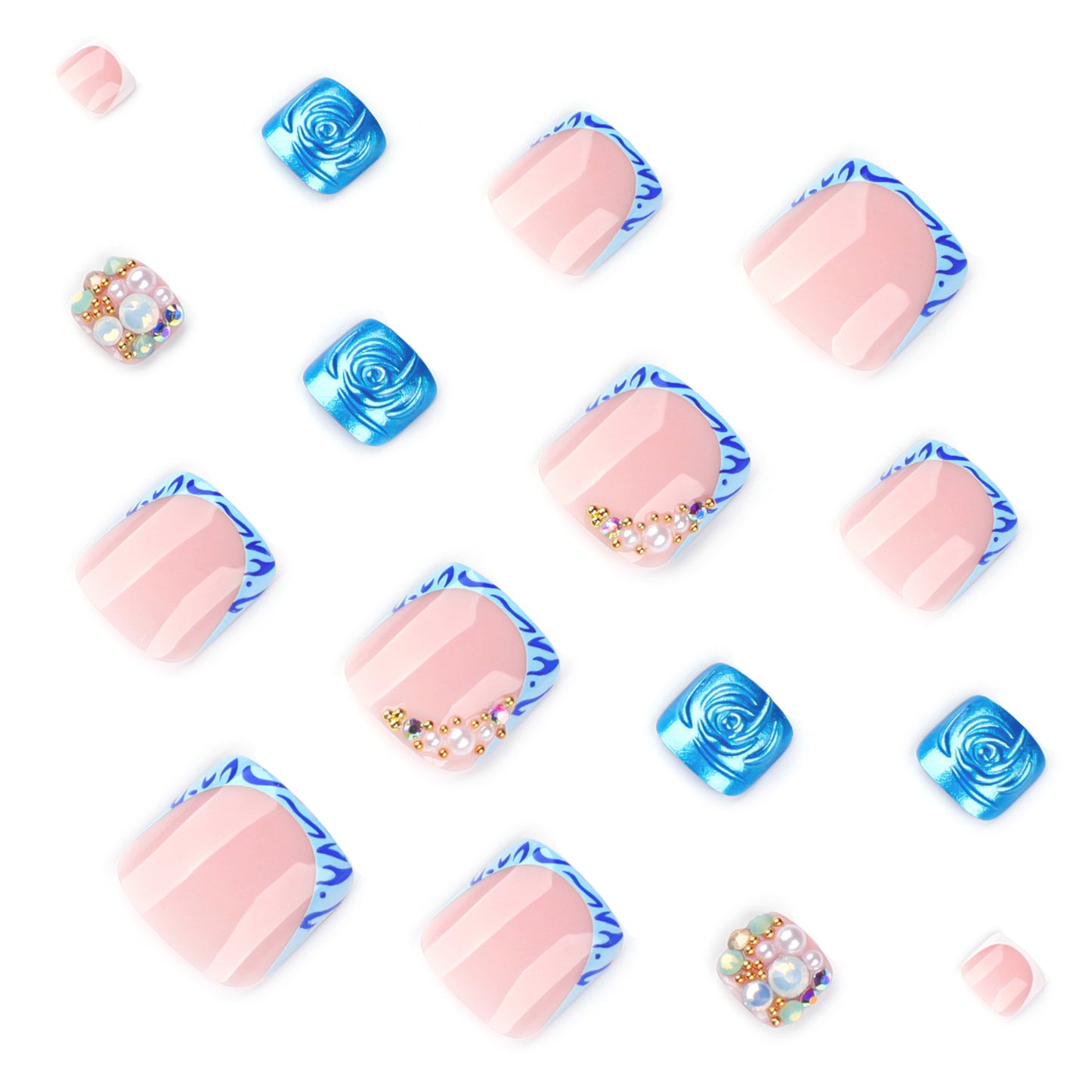 Nude Pink Press On Nails with Blue Flame 3D Rose Pearl Rhinestone Design Glossy Short Squoval Shape Luxury Romantic Full Cover False Nails Kit Reusable 130