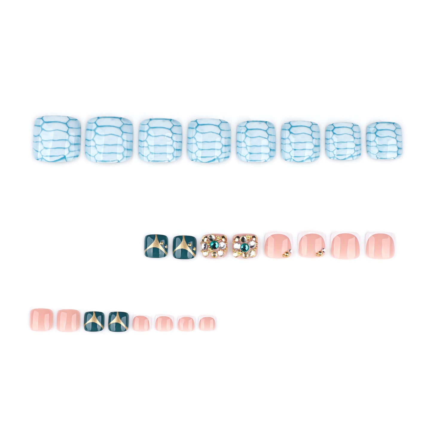 Ice Blue Snake Press On Toenails Mixed Design Nude Pink French Tip Dark Green Metallic Rhinestone Pearl Glossy Short Squoval Fake Toenails Full Cover Reusable Pedicure Nails for Vacation Beach Party 137