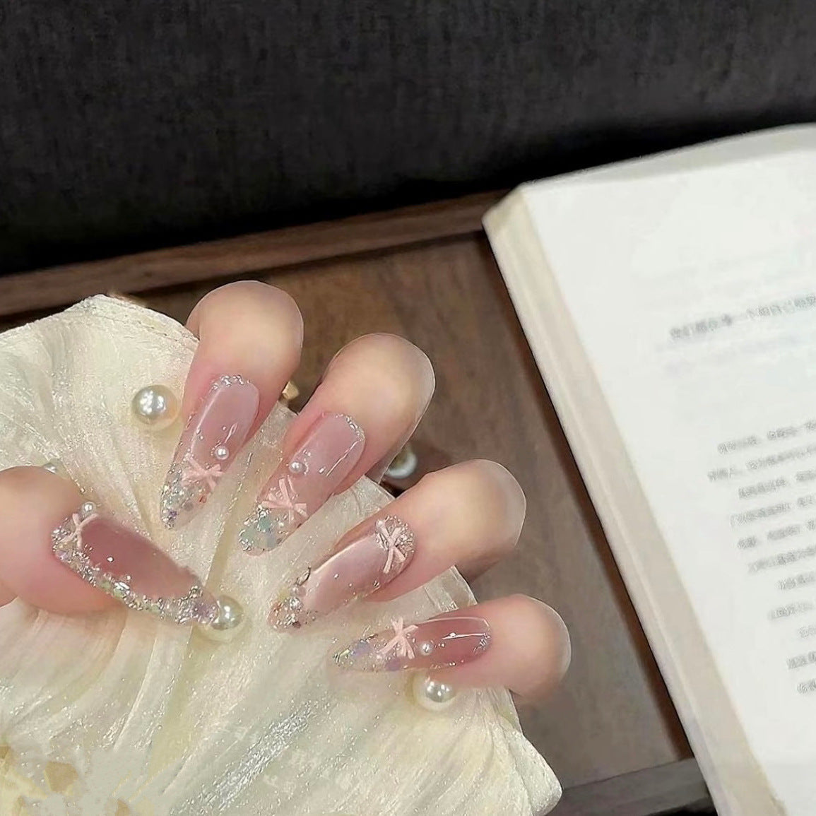 Pink Bow & Pearl Press-On Nails – Long Almond Nude Handmade Bridal Luxury Reusable Nail Set 228