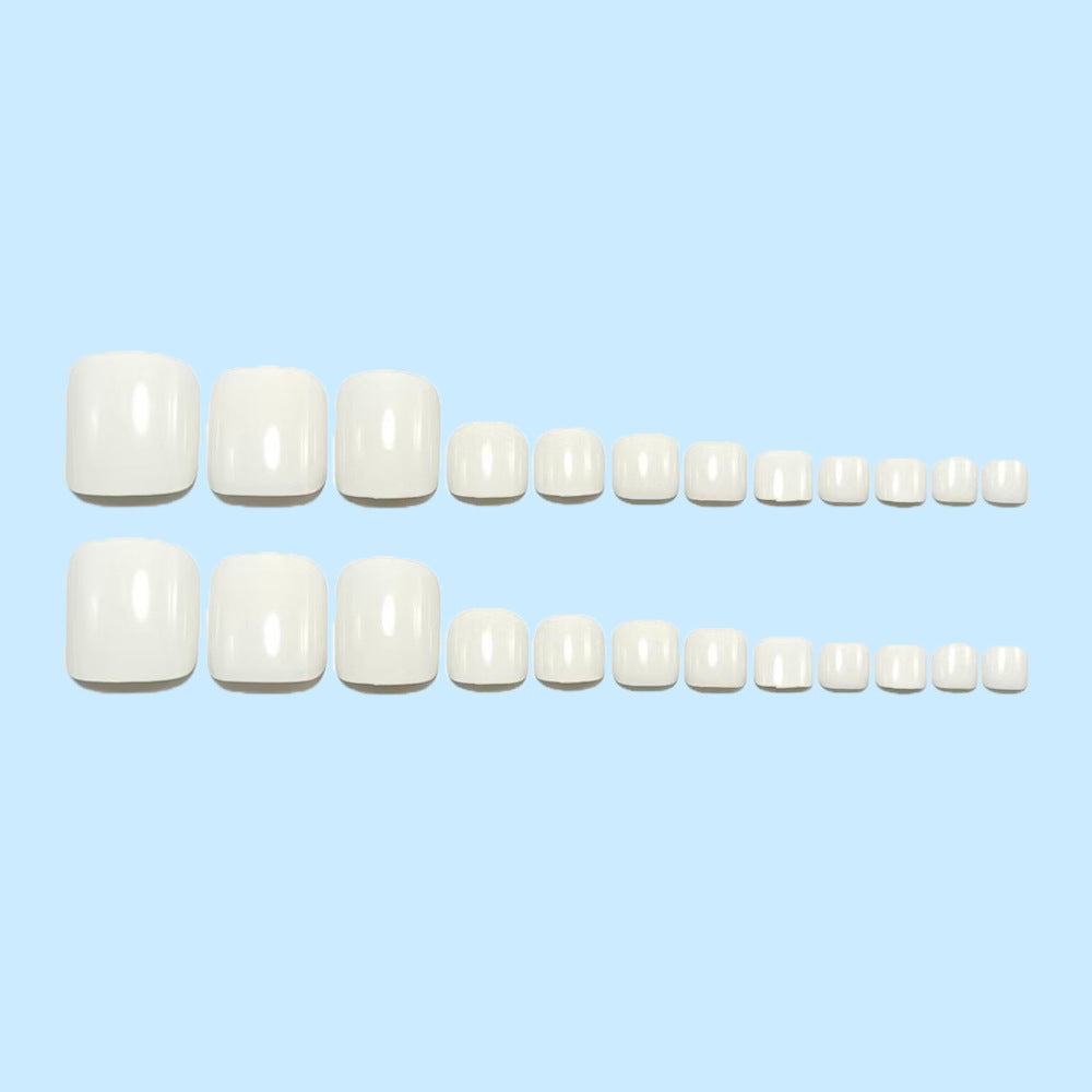 White Toe Press-On Nails Short Square Glossy Reusable Glue On Fake Toenails Natural Summer Pedicure Set 43