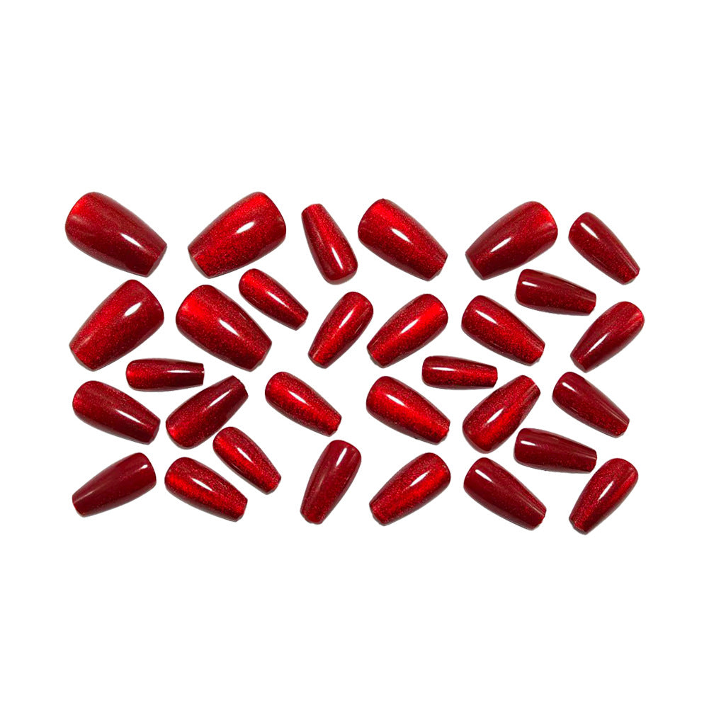 Burgundy Cat Eye Press On Nails Coffin Shape Glossy Dark Red Glitter Fake Nails Reusable Glue On Long Acrylic Nail Set 51