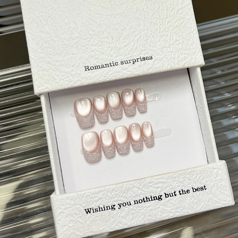 Pink Aurora Press-On Nails – Oval Sheer Jelly Nails with White Dot Detail | Glass Shimmer Minimal Reusable Nail Set 280