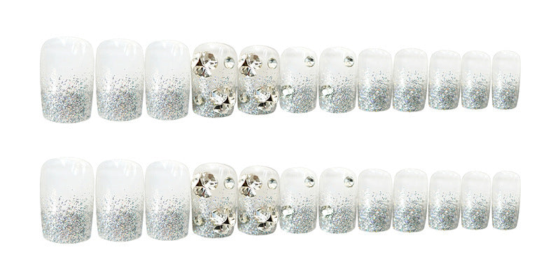 Silver Glitter Press-On Nails Short Square Rhinestone Gradient Reusable Glue On Fake Nails Bling Set 38