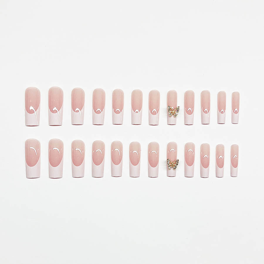 White Press-On Nails with Butterfly Design, Short Square Reusable Glue-On Nails for Women Girls 01
