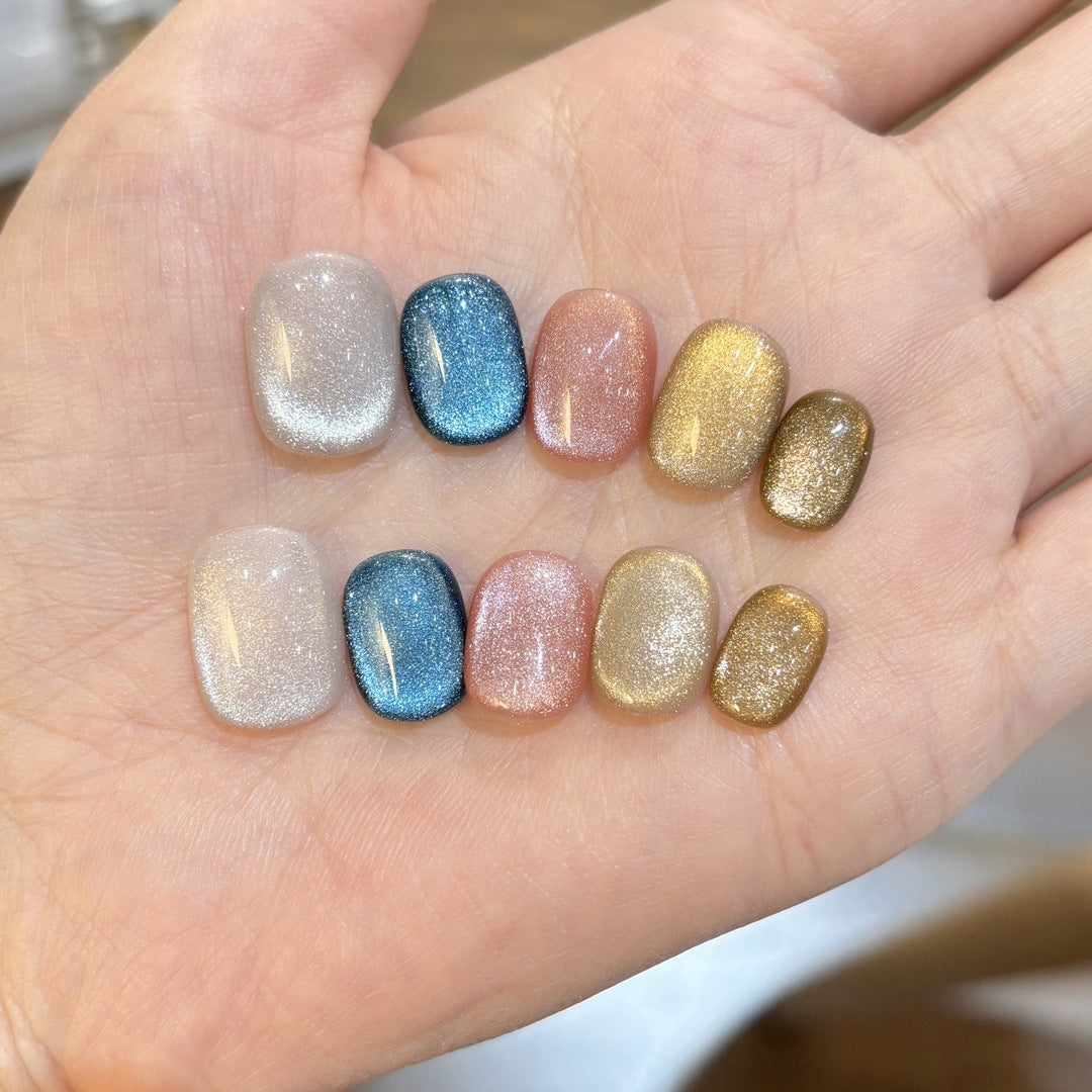 Multi-Color Cat Eye Press-On Nails Set – Short Round Magnetic Gel Press-On Nails | Everyday Neutral & Dark Tones Collection 234