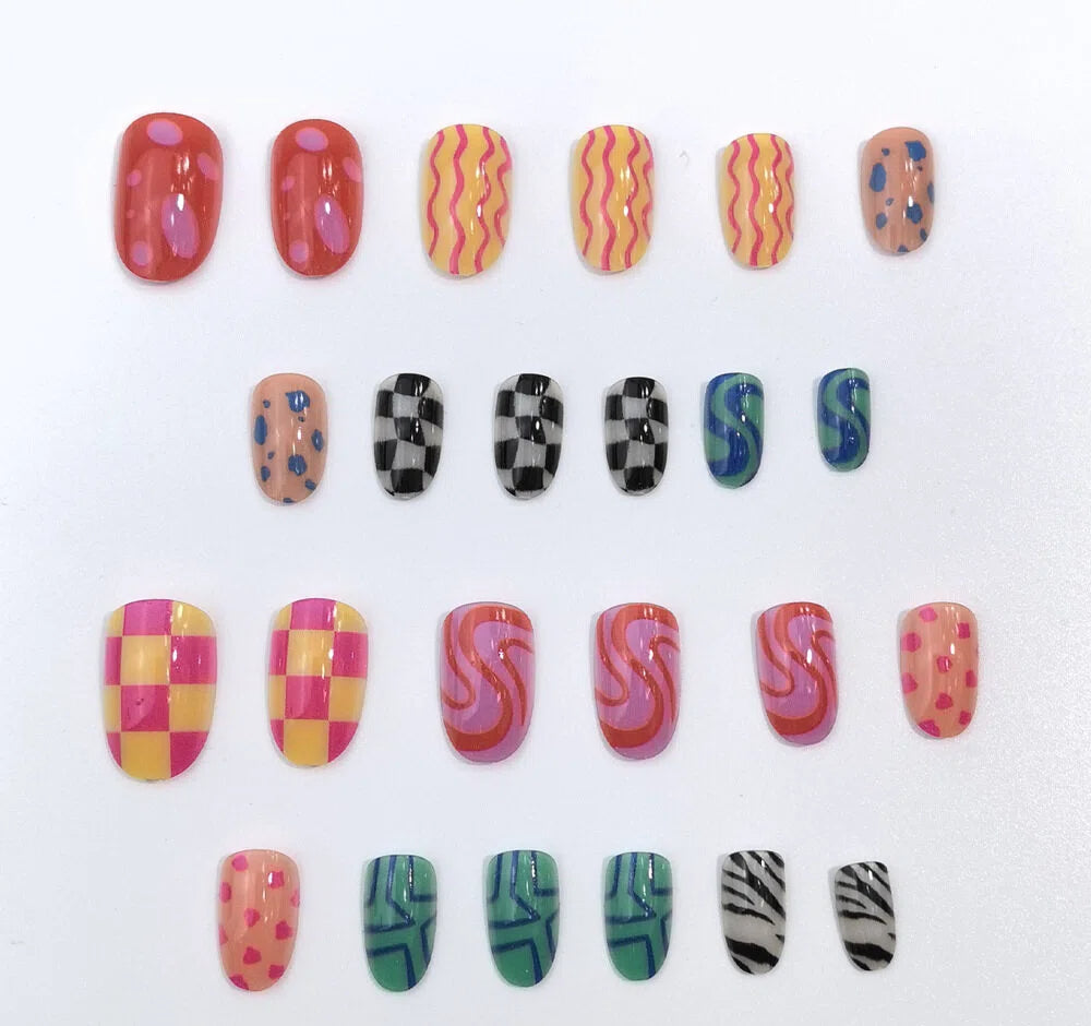 Y2K Press-On Nails Almond Colorful Pattern Mix Wave Checker Reusable Glue On Fake Nails Trendy Set 44