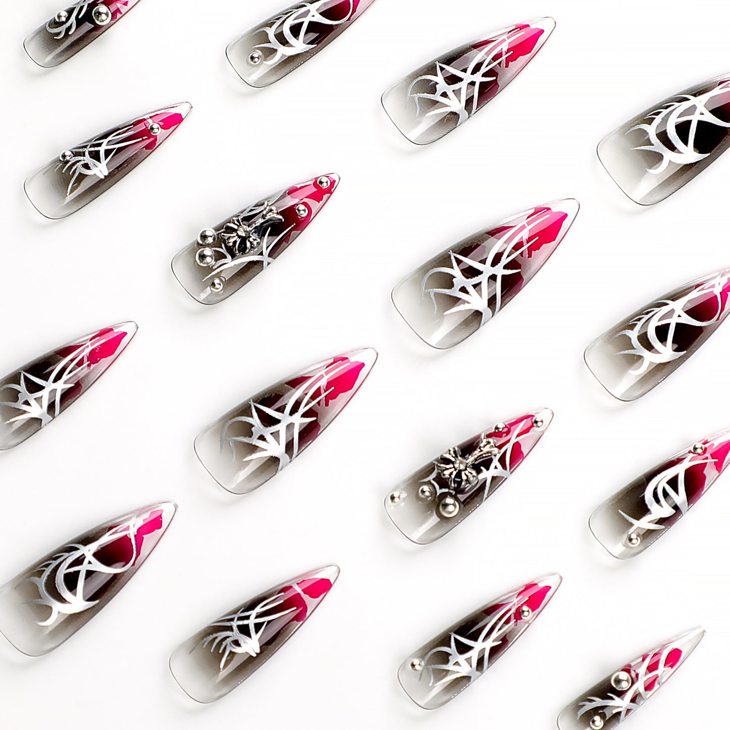 Black Ombre Press On Nails – Almond Shape Gothic Red Ink Gradient, Silver Thorn Metal Glossy Reusable Nail Set 161