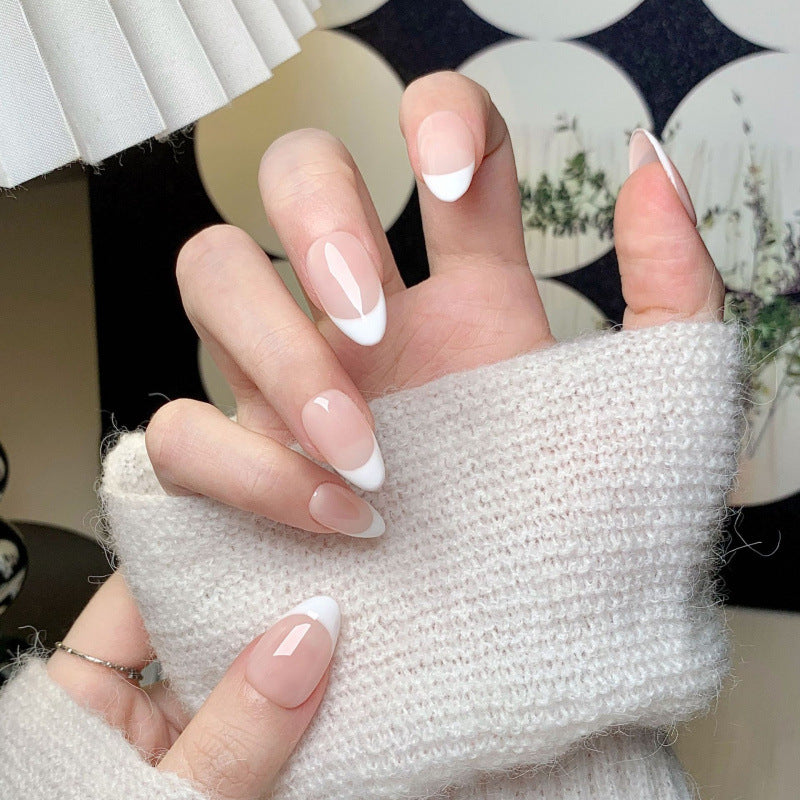 Nude French Press-On Nails – Sheer Jelly Oval Nails | Classic White French Tip Minimal Reusable Nail Set 281
