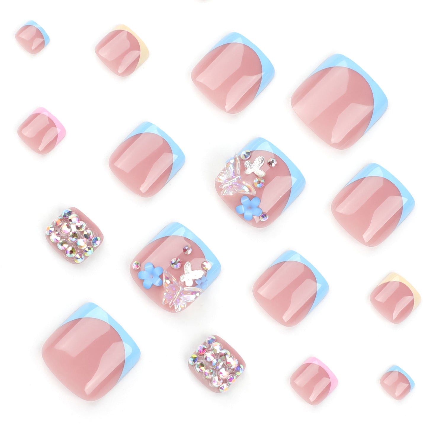 Colorful French Tip Press On Toenails Nude Pink Blue Yellow Short Squoval Glossy 3D Butterfly Flower Rhinestone Full Cover Fake Toenails Reusable Pedicure Nails Kit 149