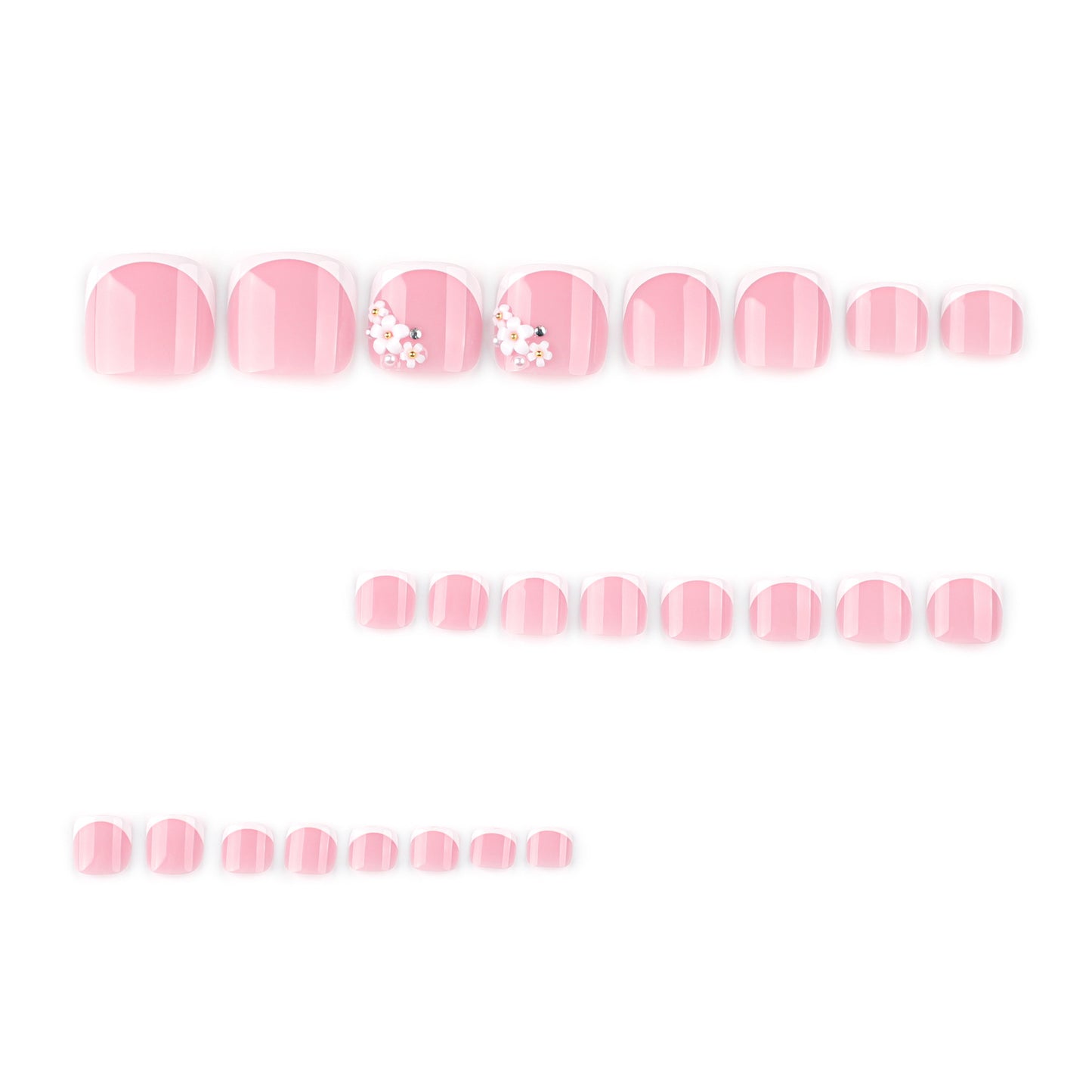 Nude Pink French Tip Press On Toenails with Floral Pearl Stud Design Glossy Short Squoval Shape Elegant Full Cover False Toe Nails Kit Reusable Pedicure 115