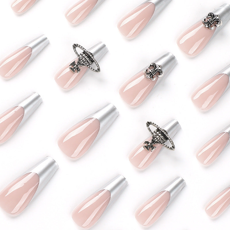 Nude Pink Press On Nails Long Square – Silver French Tip False Nails Cross Metal Reusable Full Cover Set 182