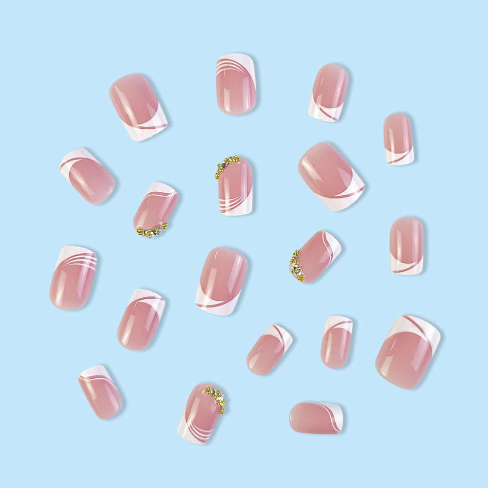 Nude Pink French Tip Press On Nails Short Square Round Wave Rhinestone Glossy 20