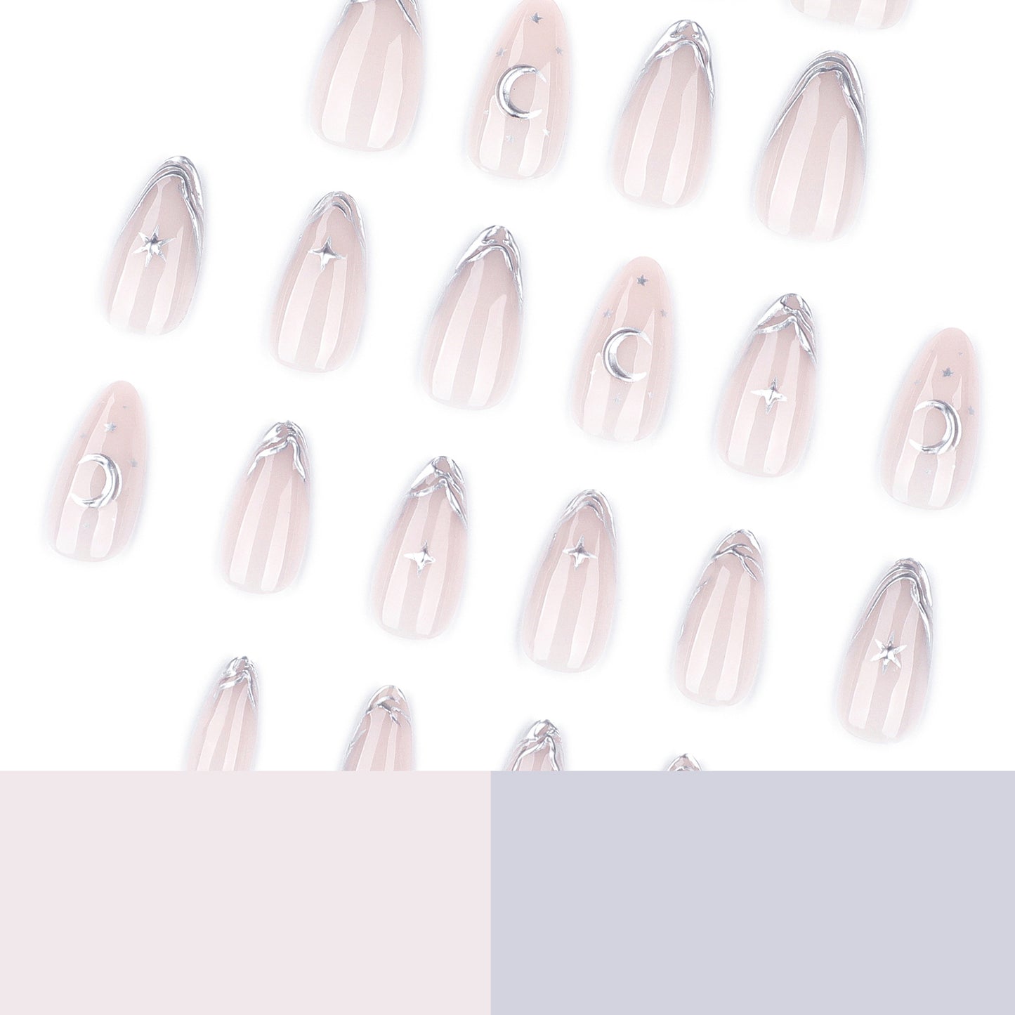 Nude Pink Press On Nails with Silver French Tip Star Moon Design Glossy Almond Shape Elegant Minimalist Full Cover False Nails Kit Reusable 131
