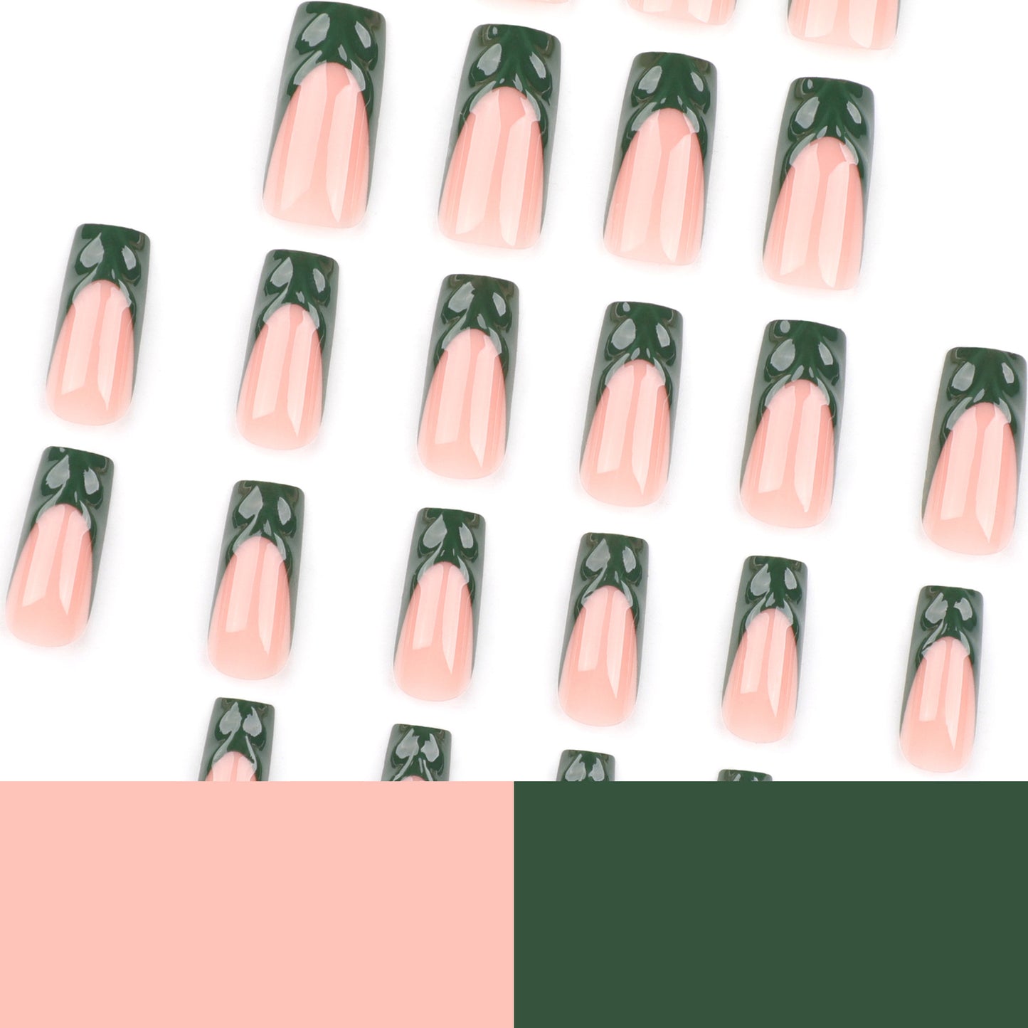 French Tip Press-On Nails Nude Pink Green Almond Long 3D Texture Reusable Glue On Fake Nails Elegant Set 39