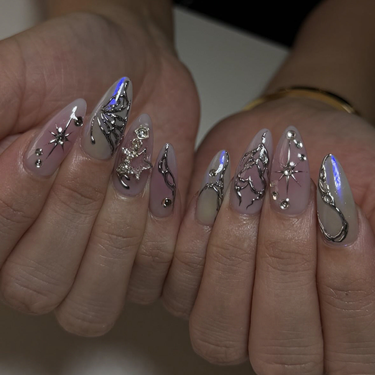Pink Purple Ombre Press On Nails with Metallic Butterfly 3D Charms Cat Eye Glossy Finish Almond Shape Reusable Full Cover False Nails Kit Rhinestones Pearl Y2K Cute Cool Style 88