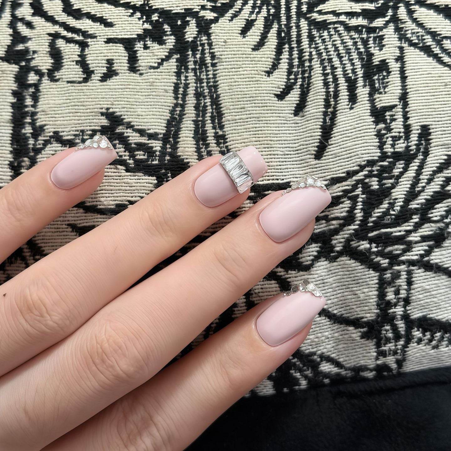 Nude Pink Press On Nails – Short Squoval with Rhinestone Accent, Minimalist Reusable Full Cover 166