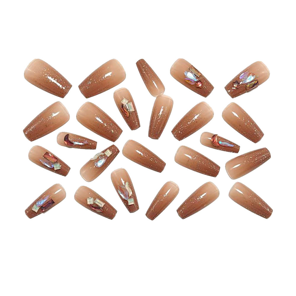 Nude Brown Cat Eye Press On Nails Coffin Shape Glossy Glitter Rhinestone Fake Nails Reusable Glue On Acrylic Nail Set 56