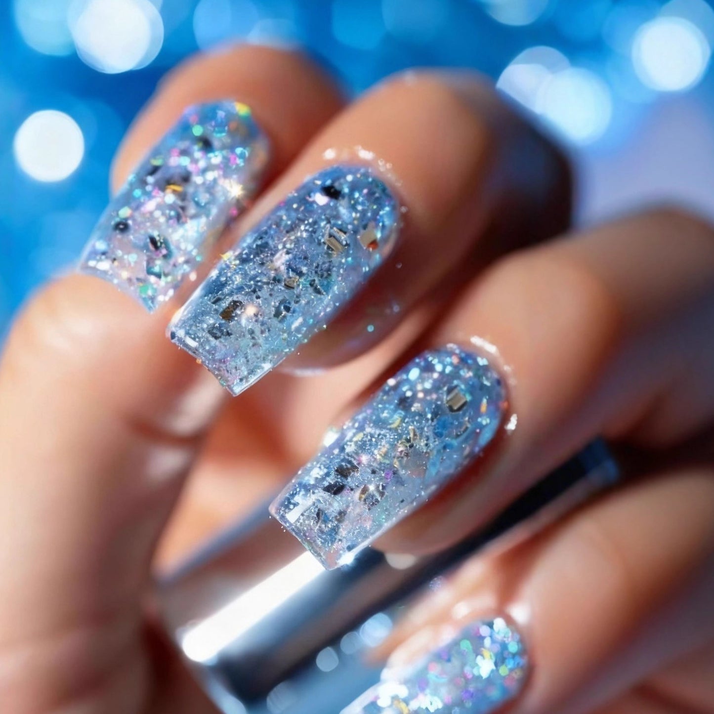 Icy Blue Press-On Nails Almond Shape Glitter Rhinestone Reusable Glue On Fake Nails Long Lasting Set 29