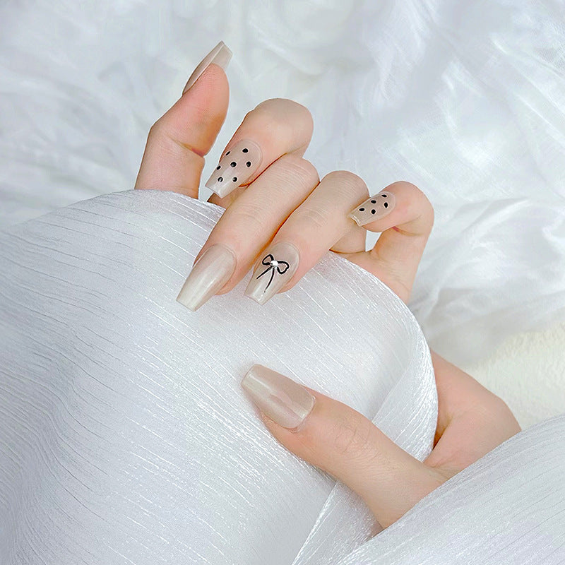 Milky White Cat Eye Reusable Press On Nails – Coffin Shape Bow Rhinestone Glossy Acrylic Nails 138